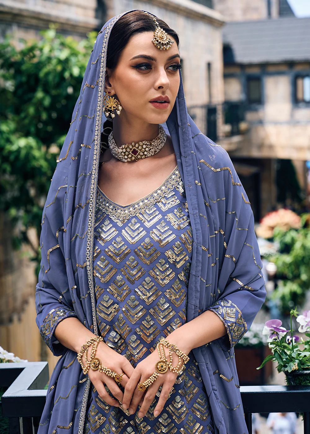 Punjabi Style Lavender Embroidered Designer Palazzo Suit - Image 2