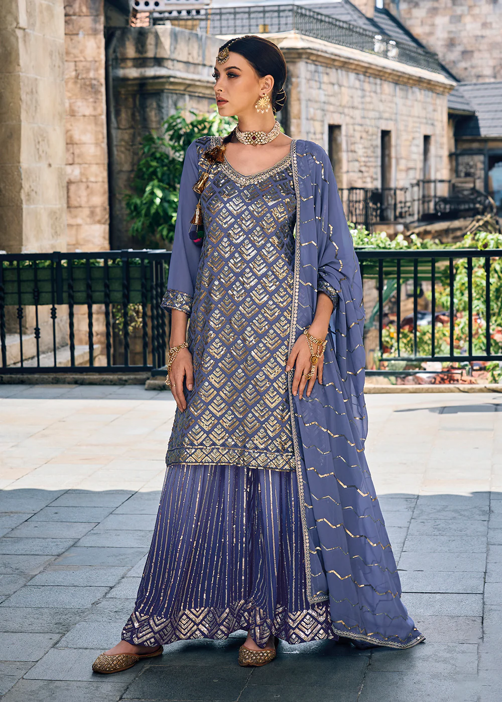 Punjabi Style Lavender Embroidered Designer Palazzo Suit - Image 3