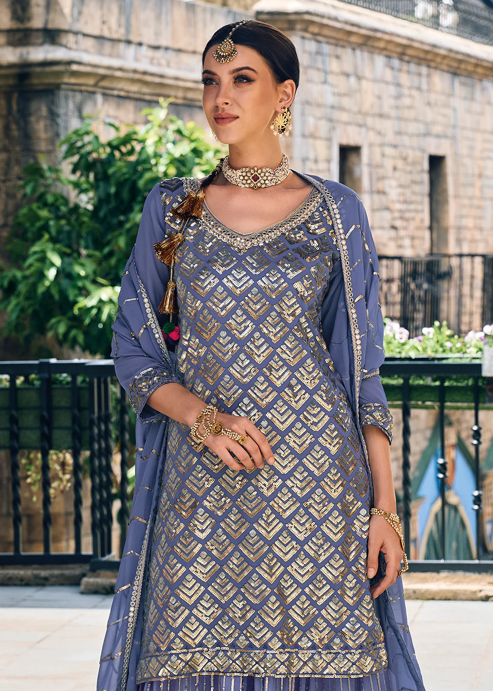 Punjabi Style Lavender Embroidered Designer Palazzo Suit - Image 4