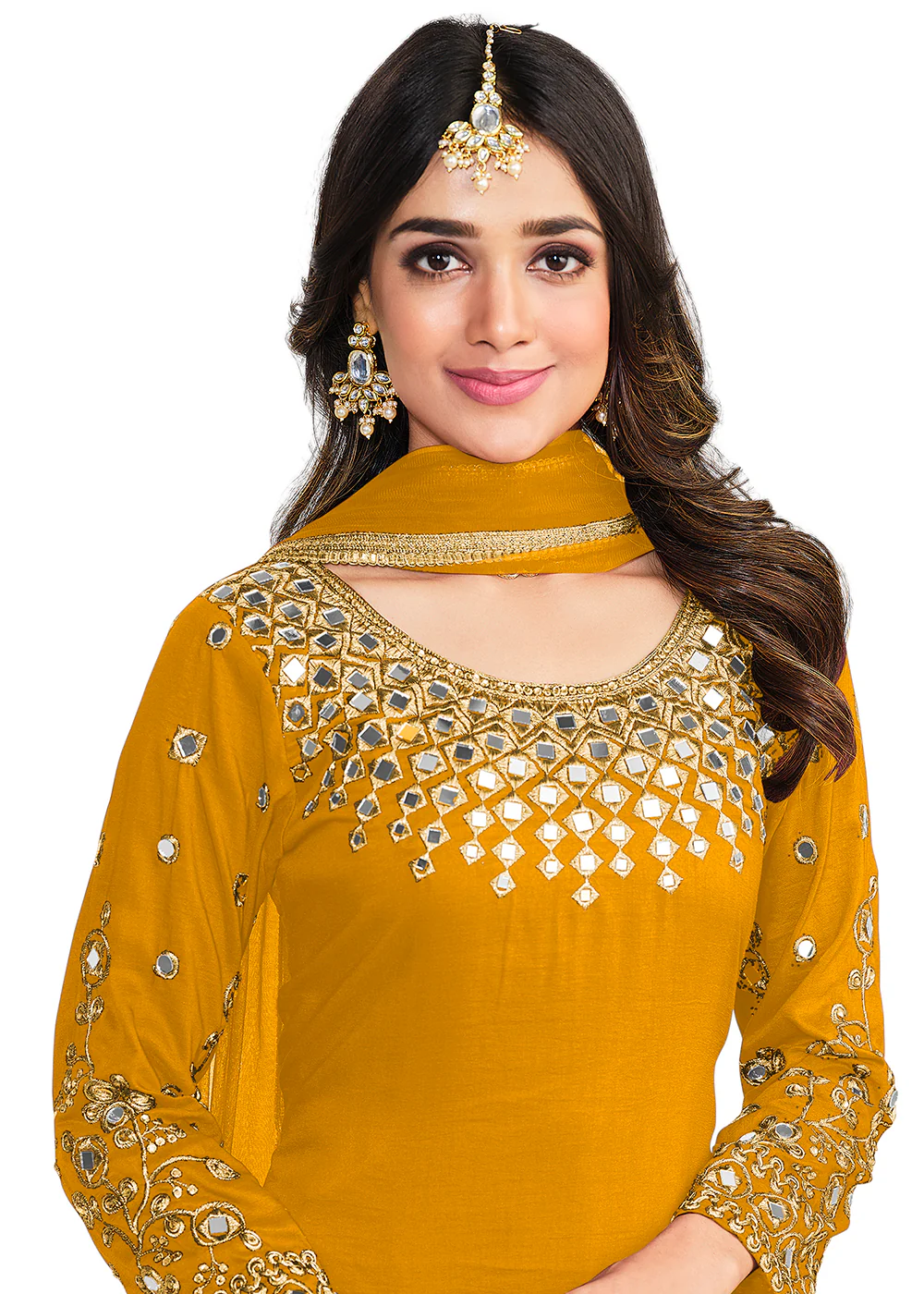 Punjabi Style Mustard Silk Mirror Work Patiala Suit - Image 2