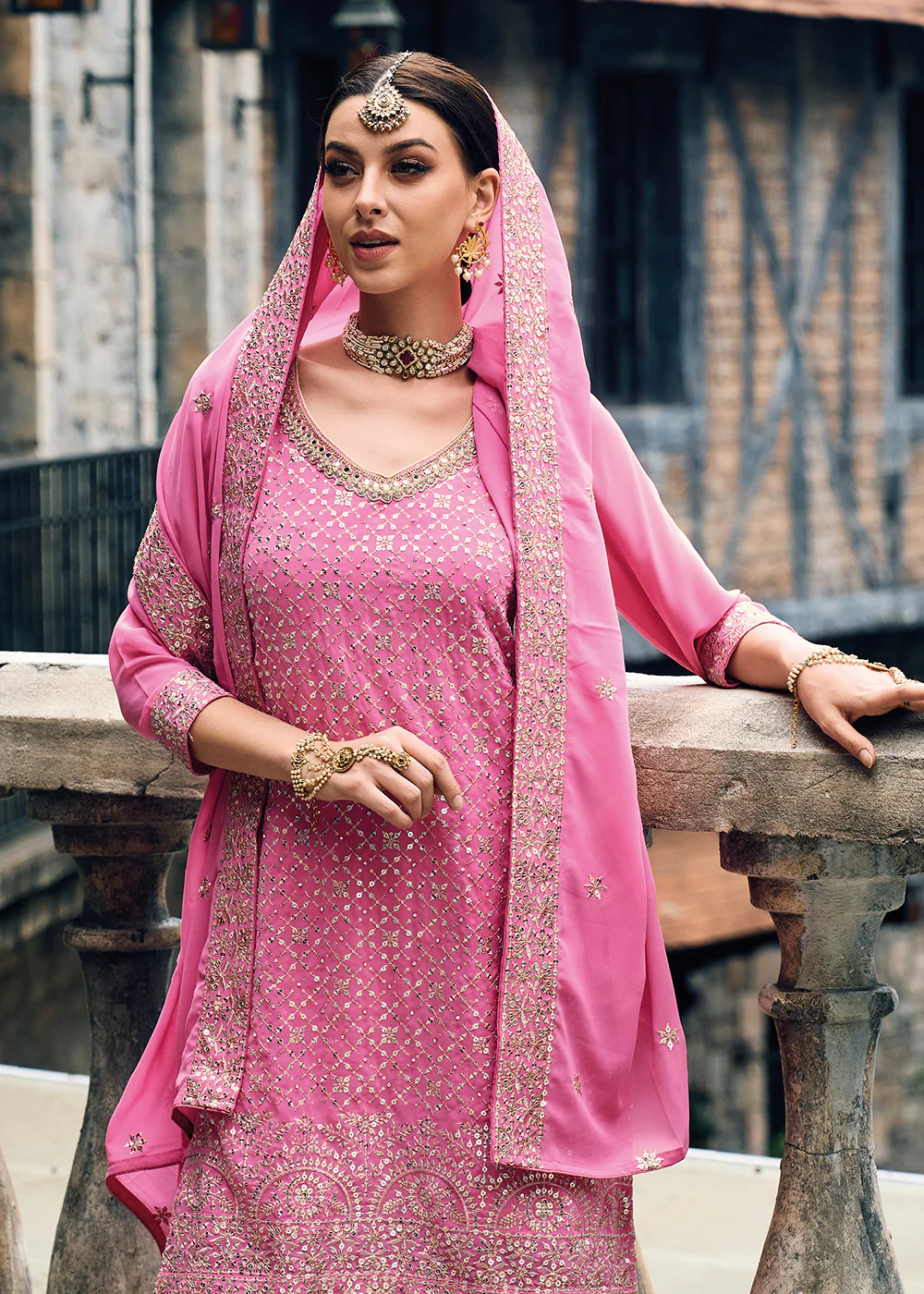 Punjabi Style Pink Embroidered Designer Palazzo Suit - Image 2