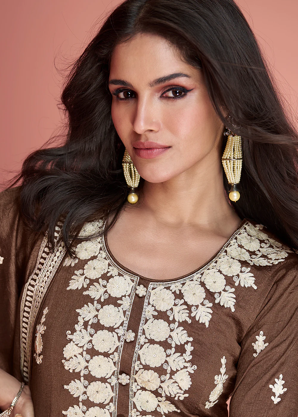 Punjabi Style Silk Embroidered Salwar Suit in Brown - Image 2