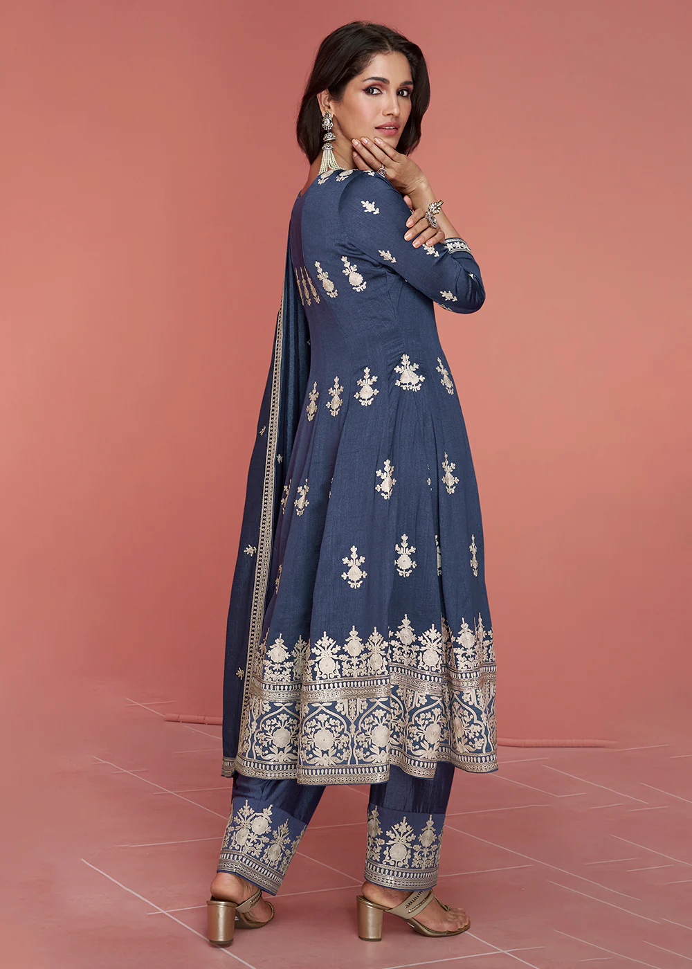 Punjabi Style Silk Embroidered Salwar Suit in Lavender Blue - Image 3