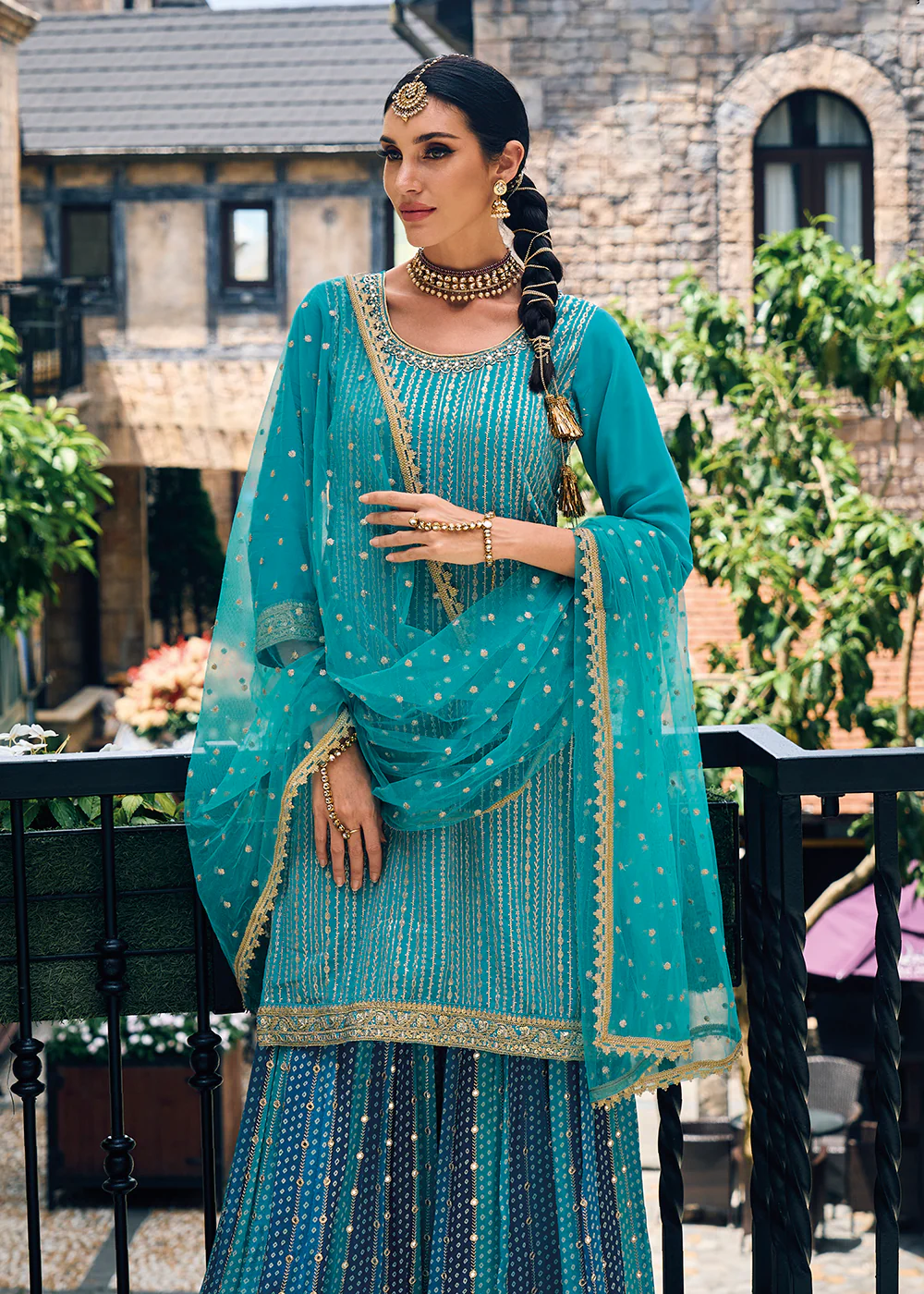 Punjabi Style Turquoise Embroidered Designer Palazzo Suit - Image 2