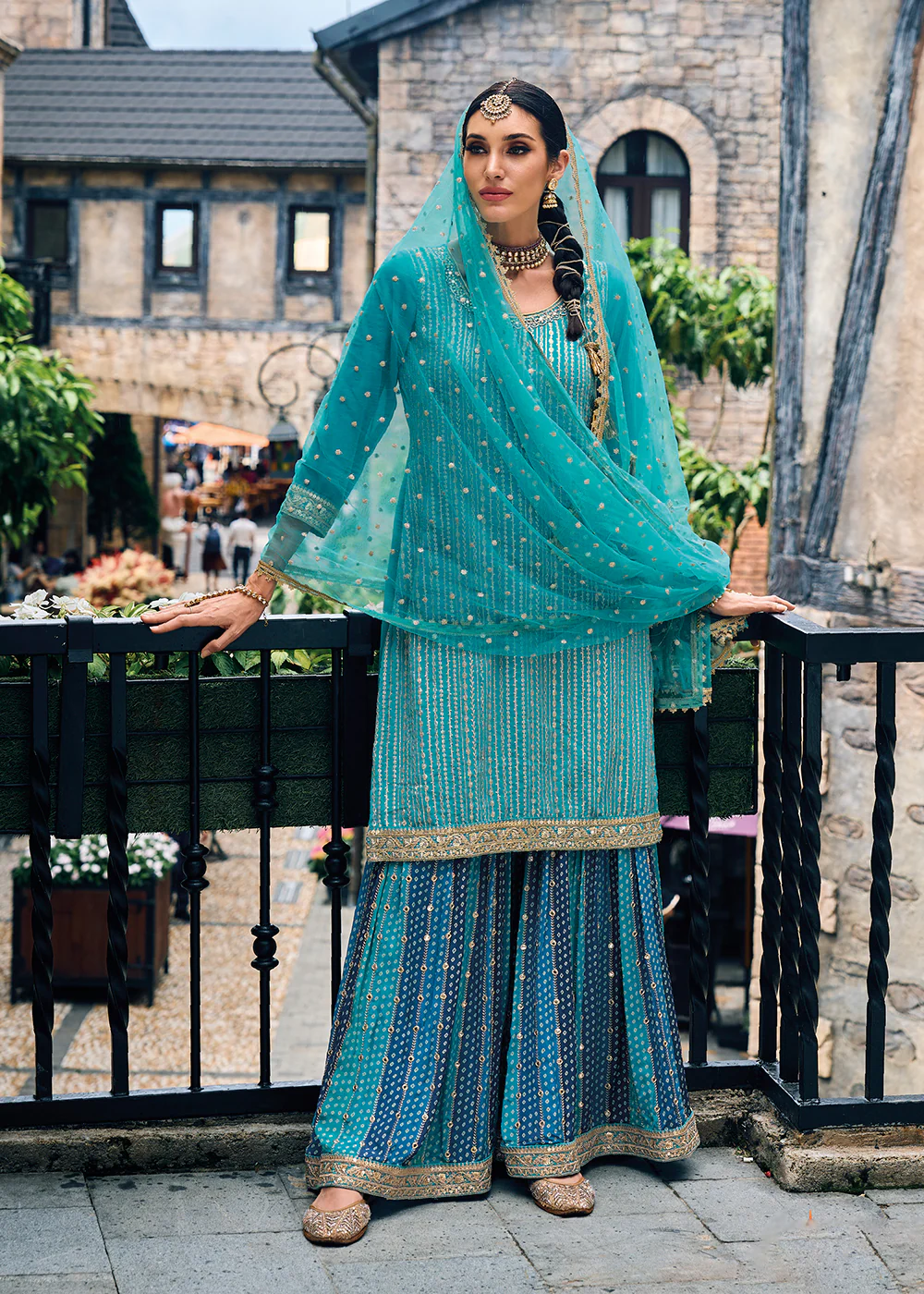 Punjabi Style Turquoise Embroidered Designer Palazzo Suit - Image 4
