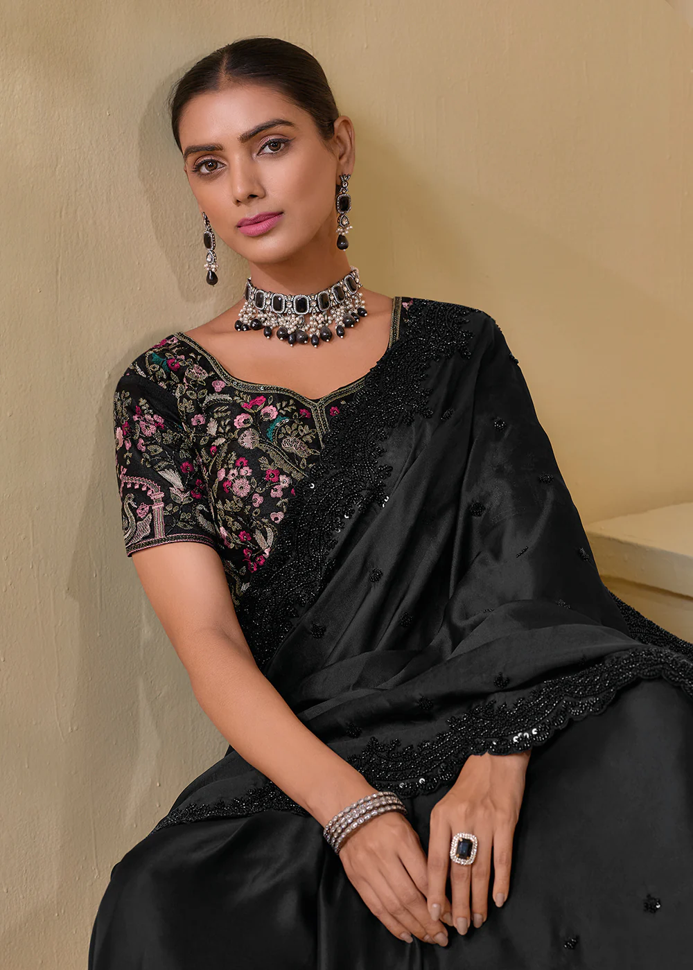 Pure Black Banarasi Silk Embroidered Designer Saree - Image 2