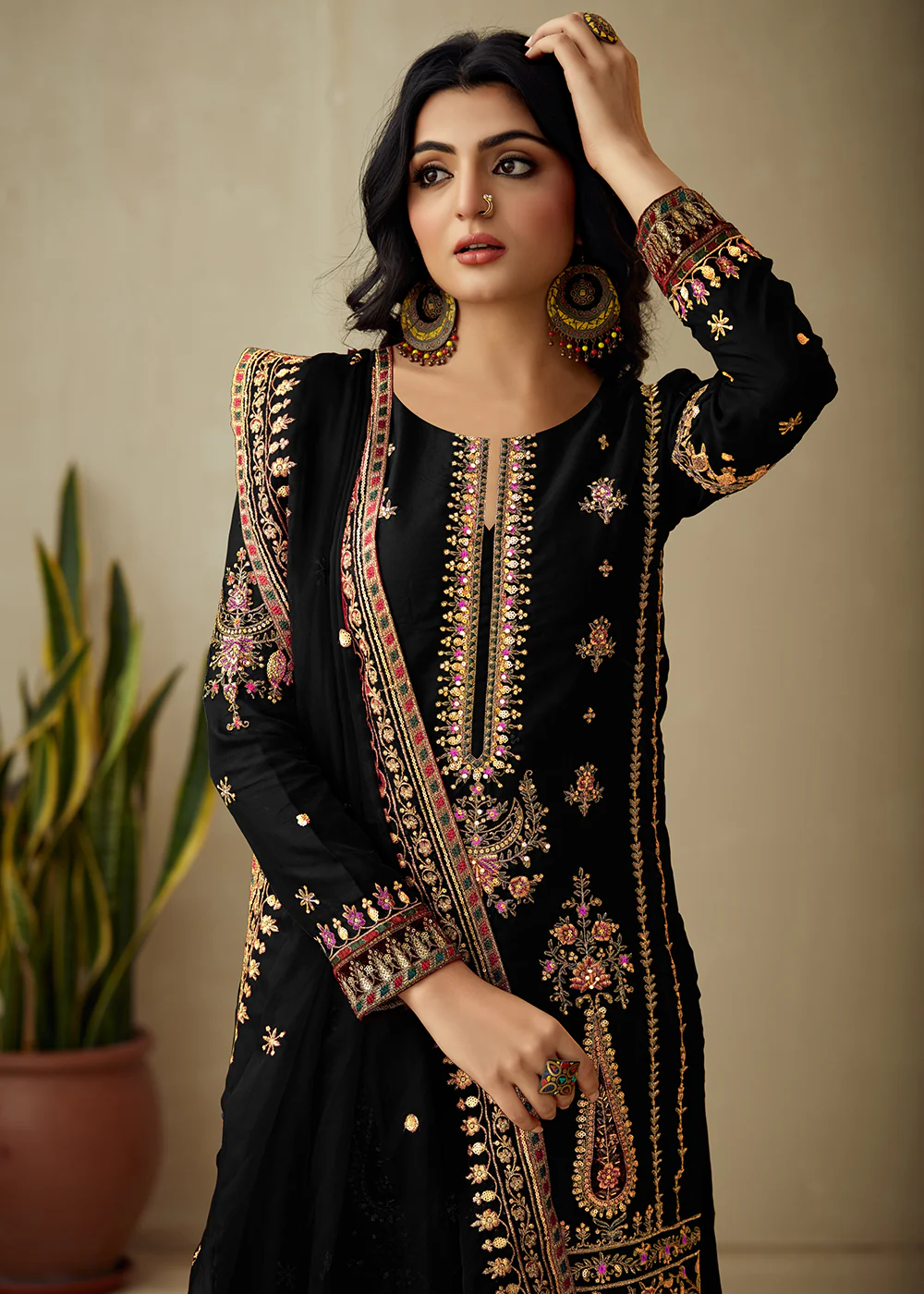 Pure Black Organza Embroidered Traditional Salwar Kameez - Image 2