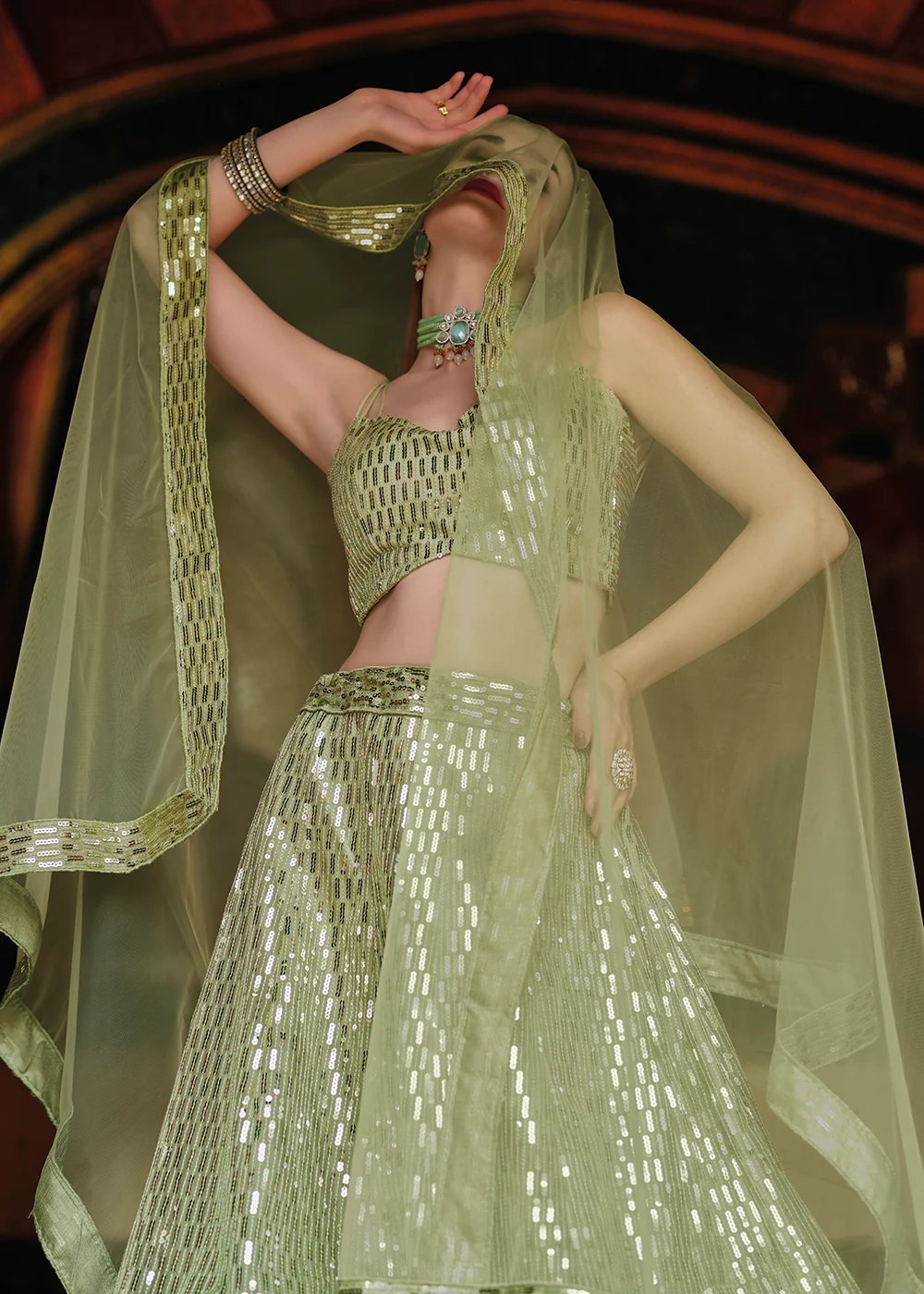 Pure Butterfly Pista Green Sequins Work Lehenga Choli - Image 2