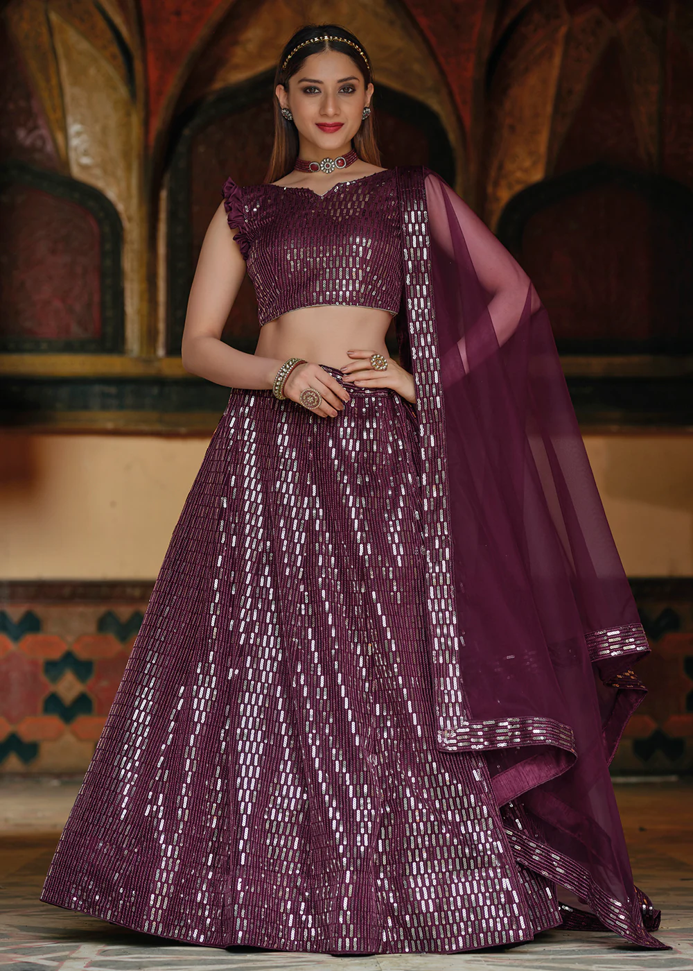 Pure Butterfly Net Purple Sequins Work Lehenga Choli