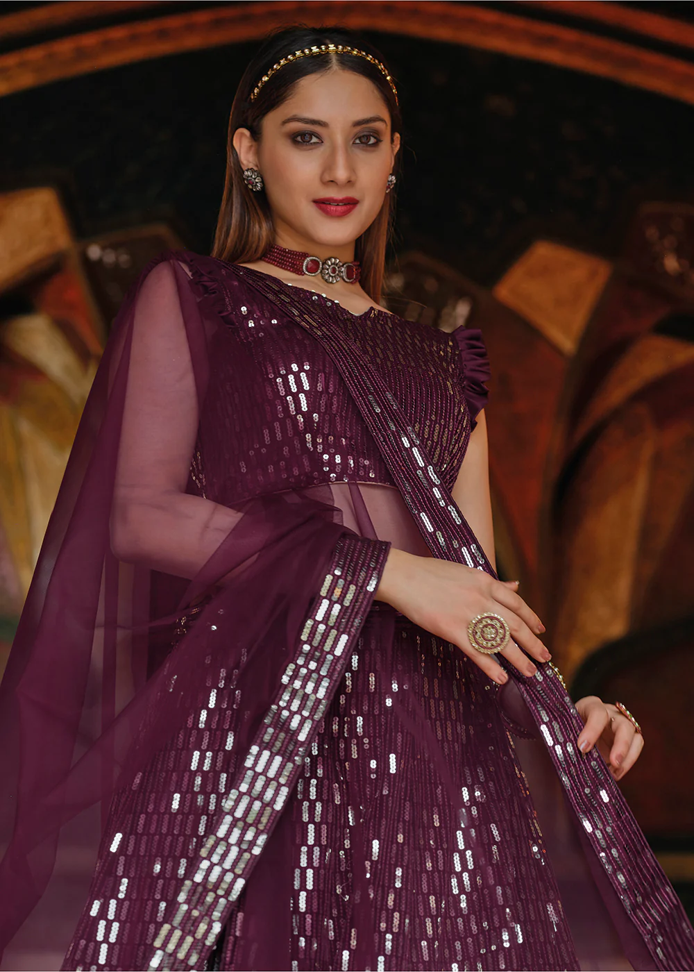 Pure Butterfly Net Purple Sequins Work Lehenga Choli - Image 2