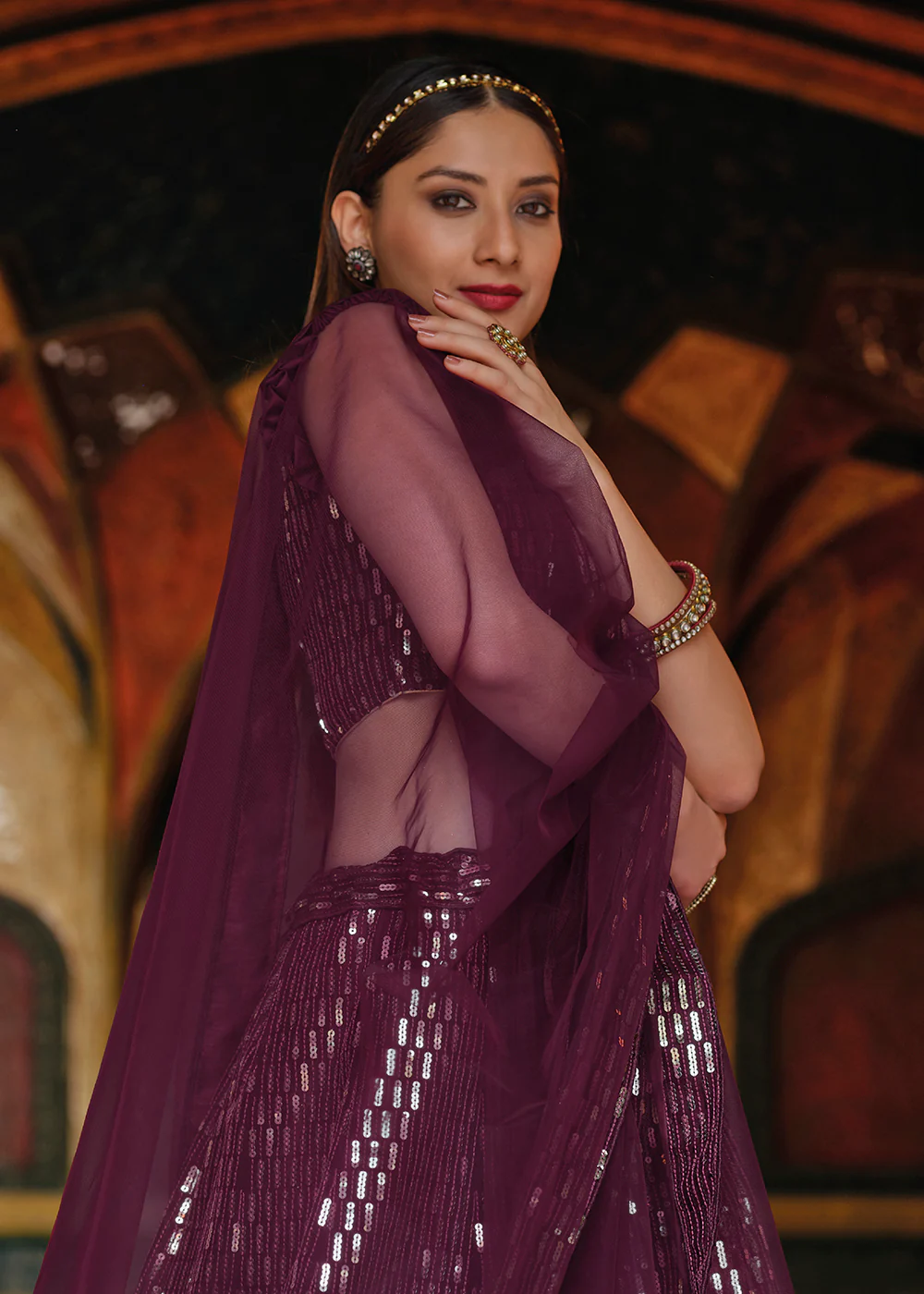 Pure Butterfly Net Purple Sequins Work Lehenga Choli - Image 3