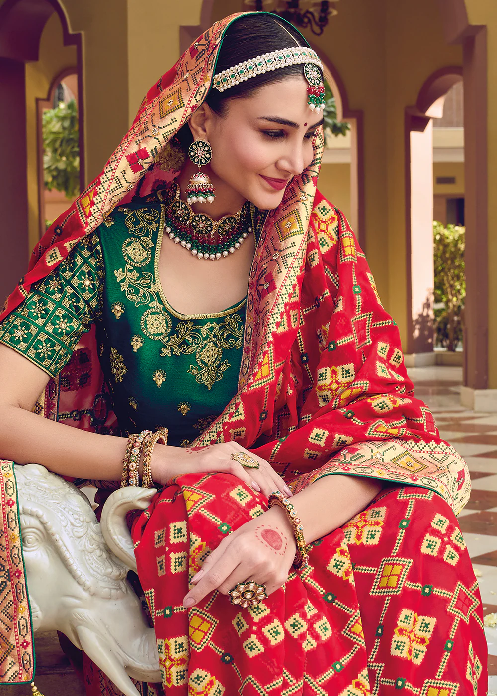 Pure Georgette Viscose Crimson Red Wedding Traditional Saree - Image 2