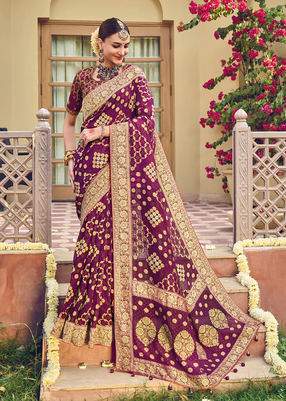 Pure Georgette Viscose Deep Purple Wedding Traditional Saree