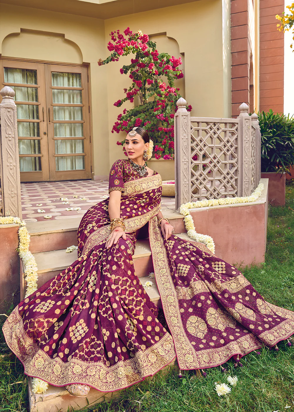 Pure Georgette Viscose Deep Purple Wedding Traditional Saree - Image 3