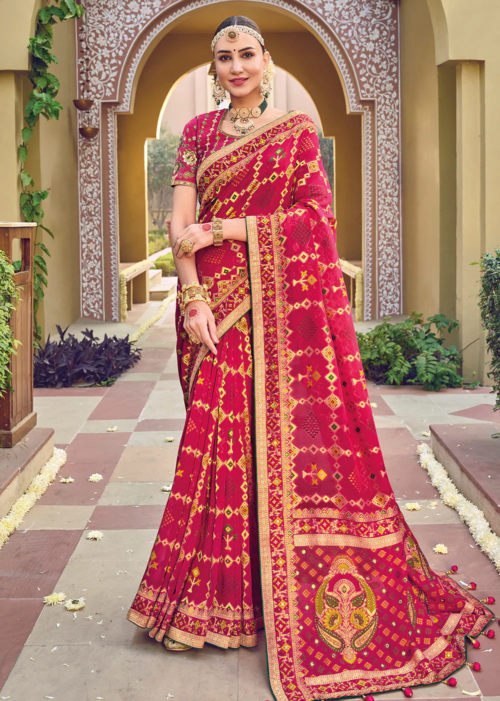 Pure Georgette Viscose Rani Pink Wedding Traditional Saree