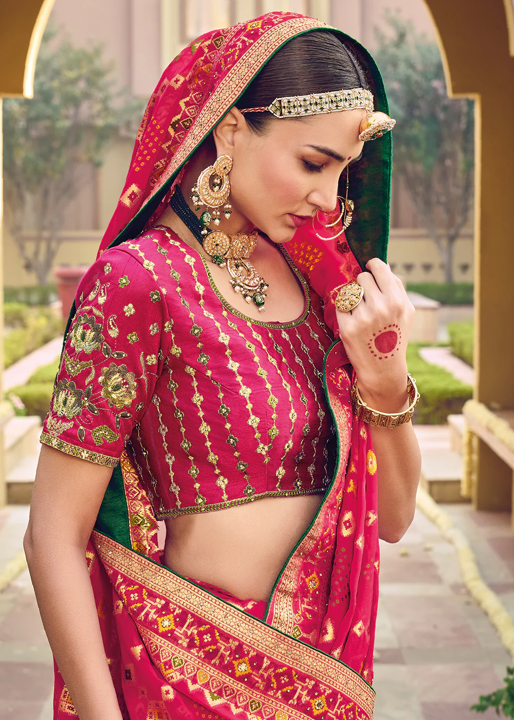 Pure Georgette Viscose Rani Pink Wedding Traditional Saree - Image 2