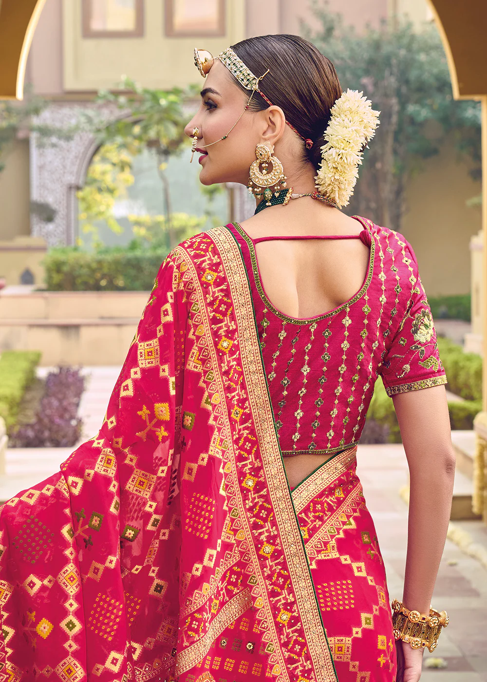 Pure Georgette Viscose Rani Pink Wedding Traditional Saree - Image 3