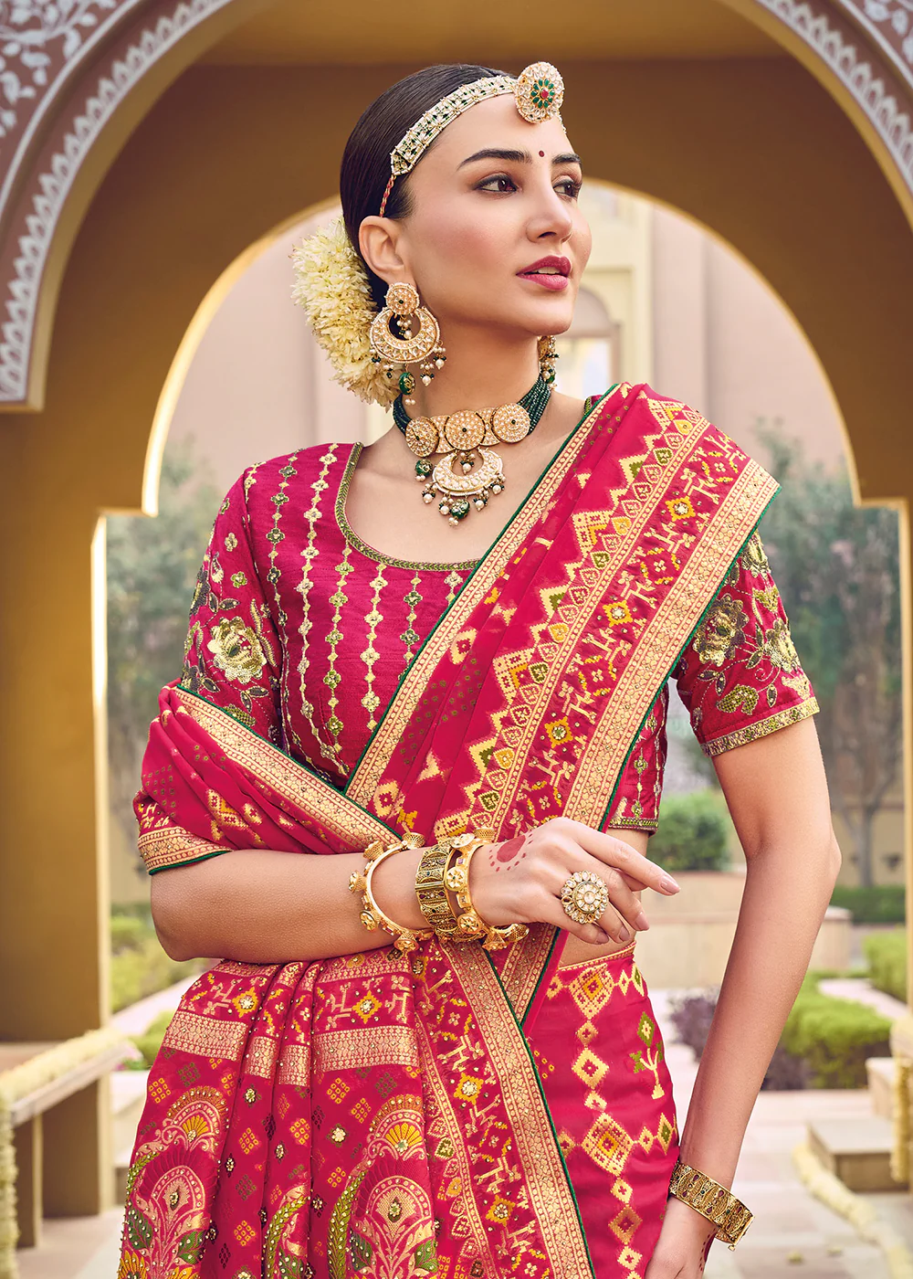Pure Georgette Viscose Rani Pink Wedding Traditional Saree - Image 4