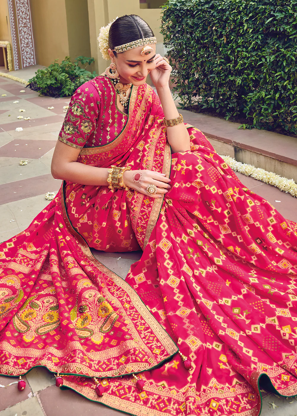 Pure Georgette Viscose Rani Pink Wedding Traditional Saree - Image 5