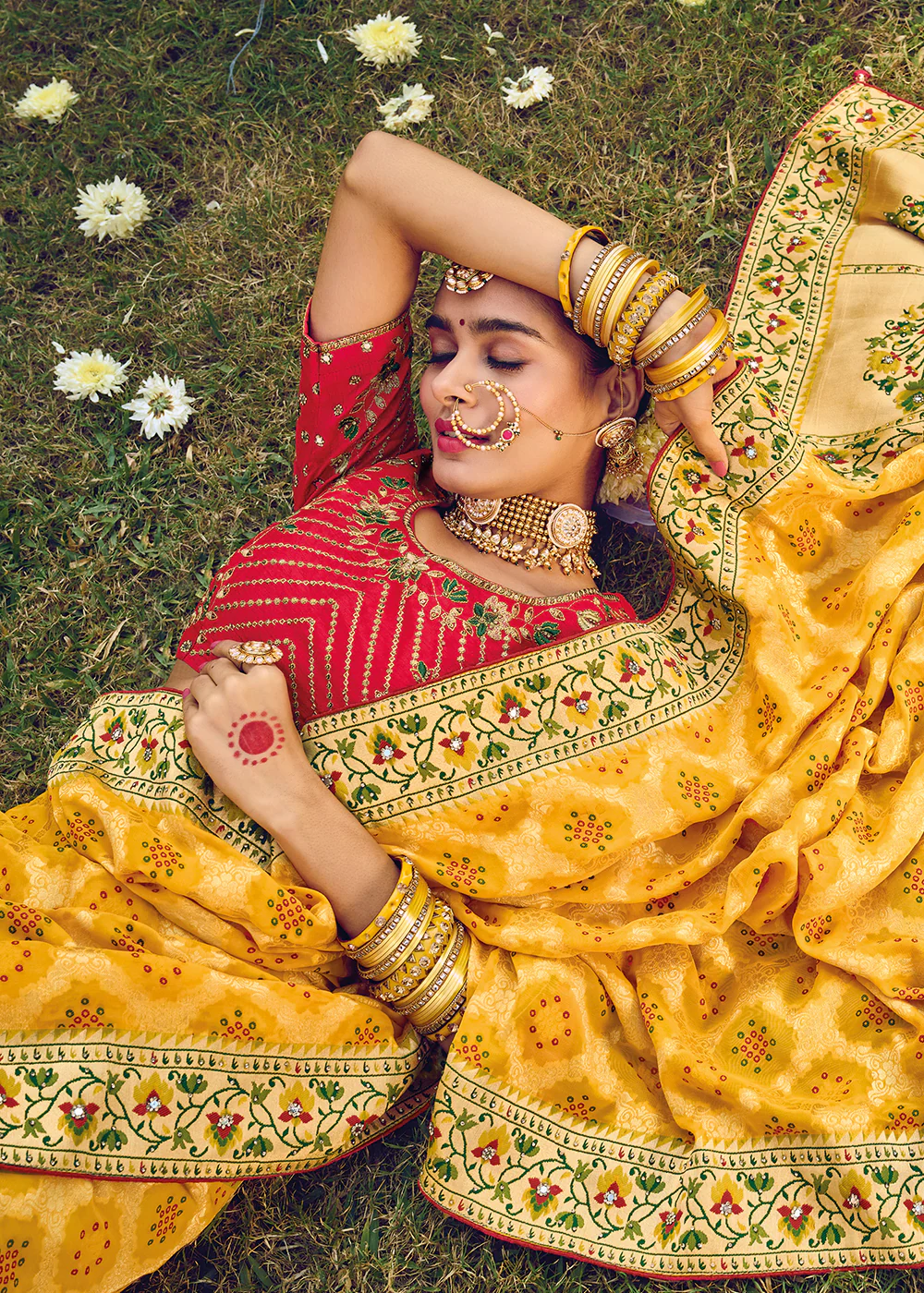 Pure Georgette Viscose Yellow Wedding Traditional Saree - Image 2