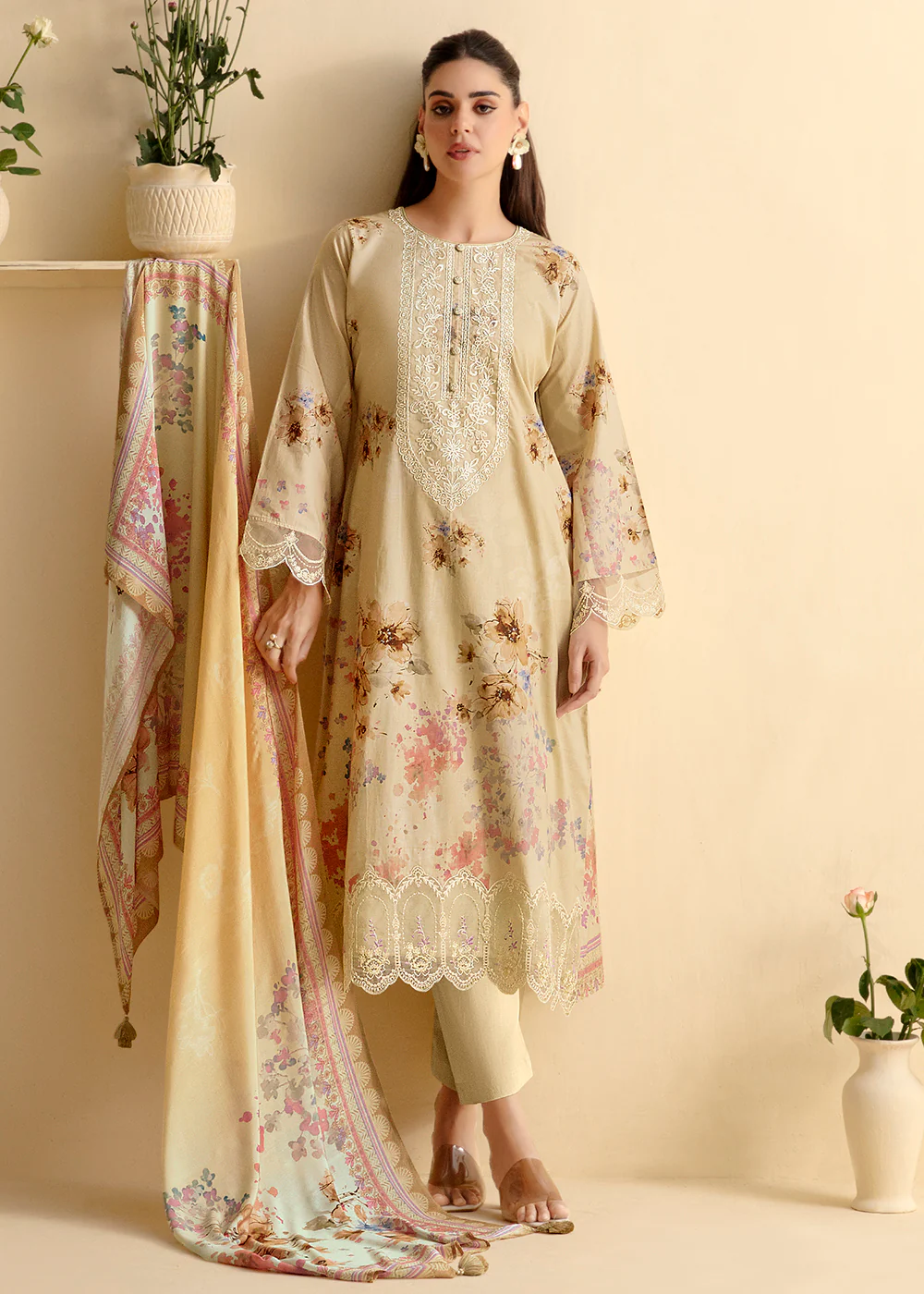 Pure Lawn Cream Embroidered Festive Salwar Suit