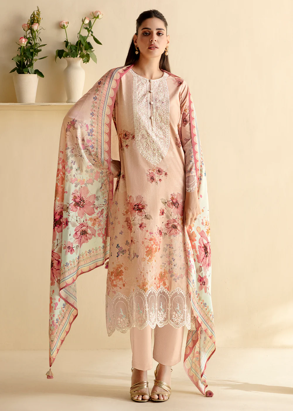 Pure Lawn Peach Embroidered Festive Salwar Suit