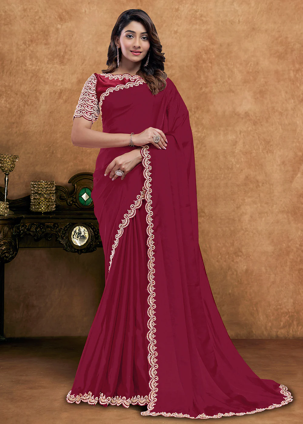 Pure Maroon Embroidered Wedding Festive Wear Saree