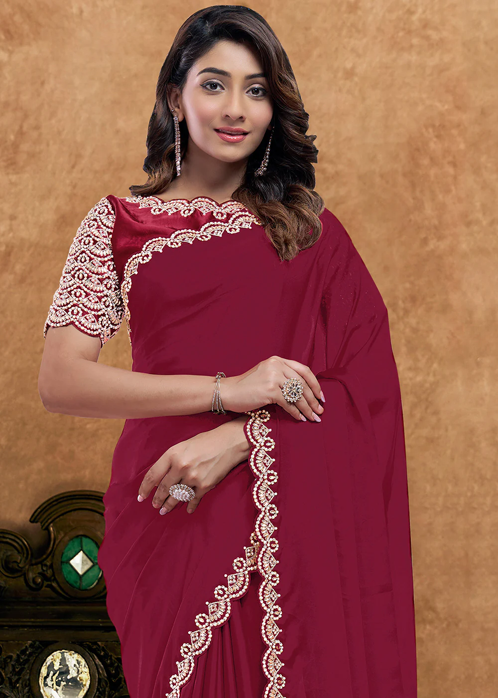 Pure Maroon Embroidered Wedding Festive Wear Saree - Image 2