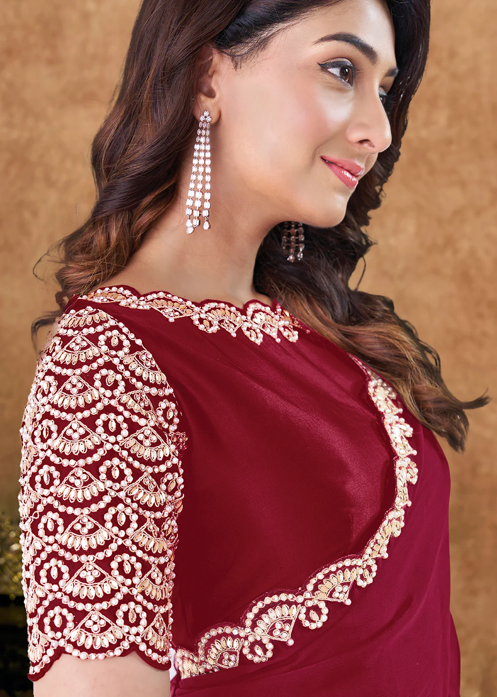 Pure Maroon Embroidered Wedding Festive Wear Saree - Image 3