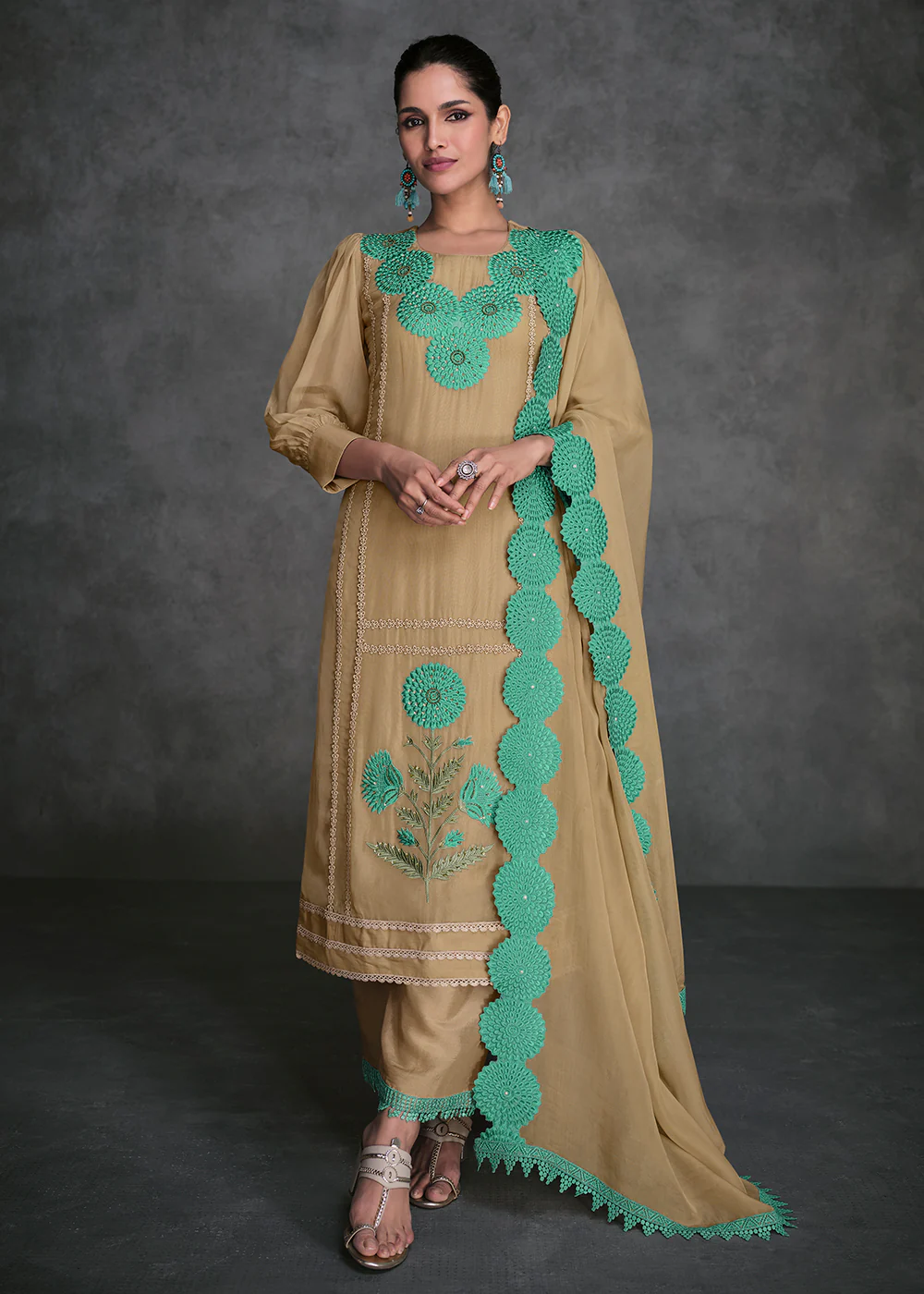 Pure Organza Beige Designer Pant Style Suit