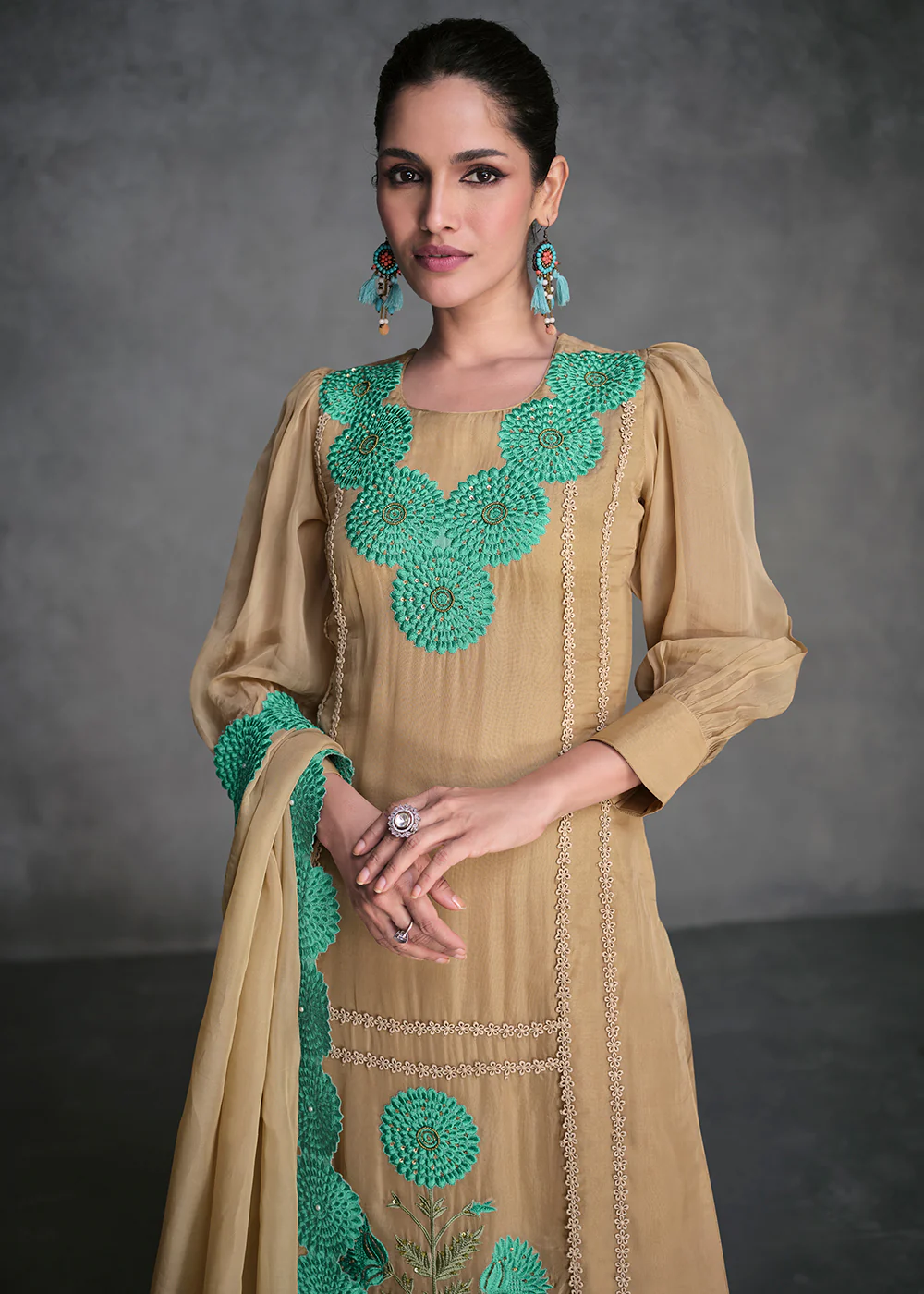 Pure Organza Beige Designer Pant Style Suit - Image 2