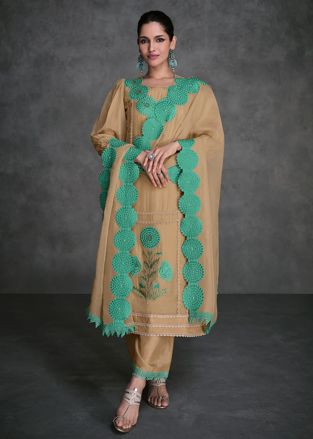 Pure Organza Beige Designer Pant Style Suit - Image 3