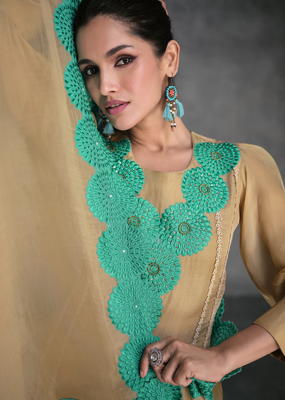 Pure Organza Beige Designer Pant Style Suit - Image 4