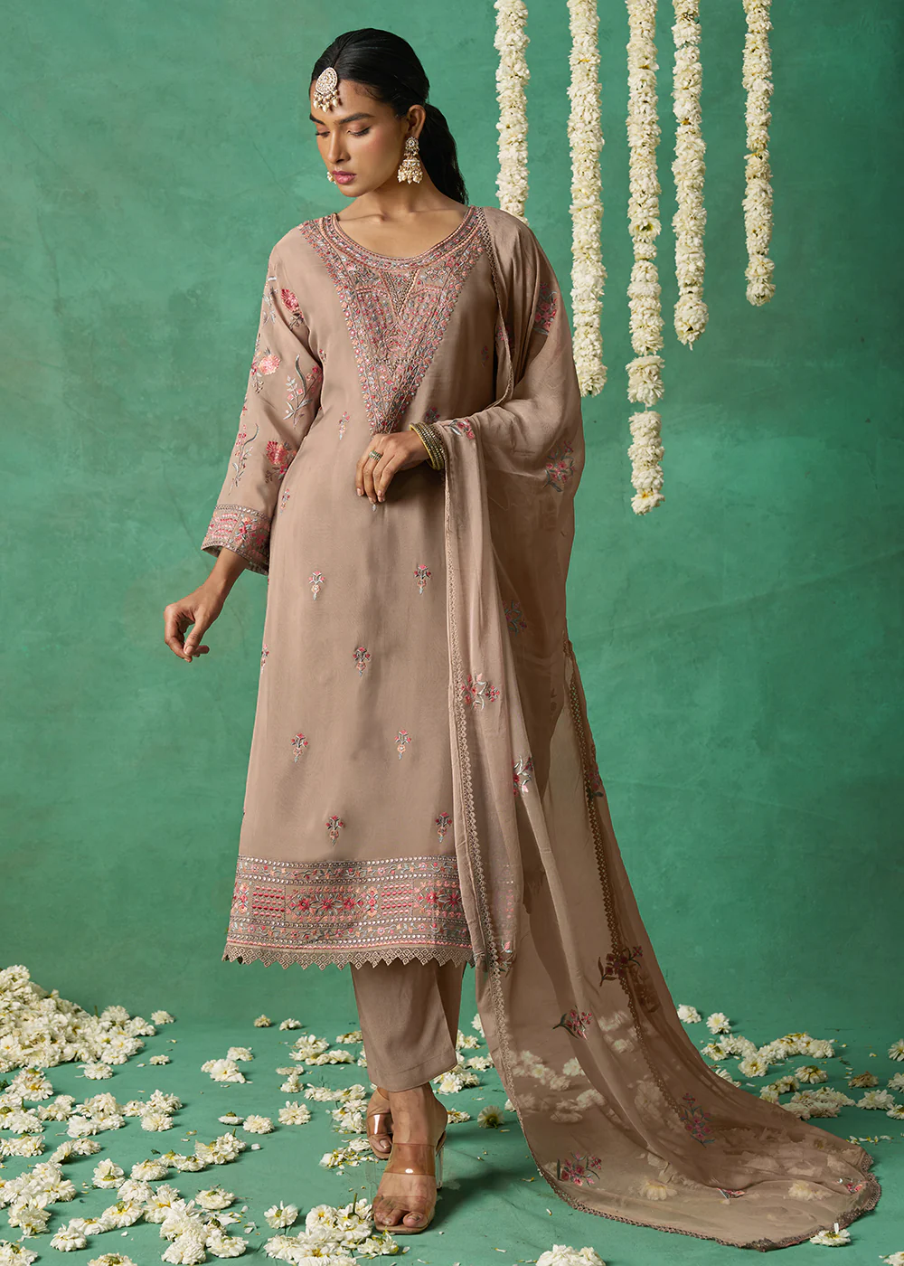 Pure Organza Beige Finest Embroidered Pant Style Salwer Suit - Image 5
