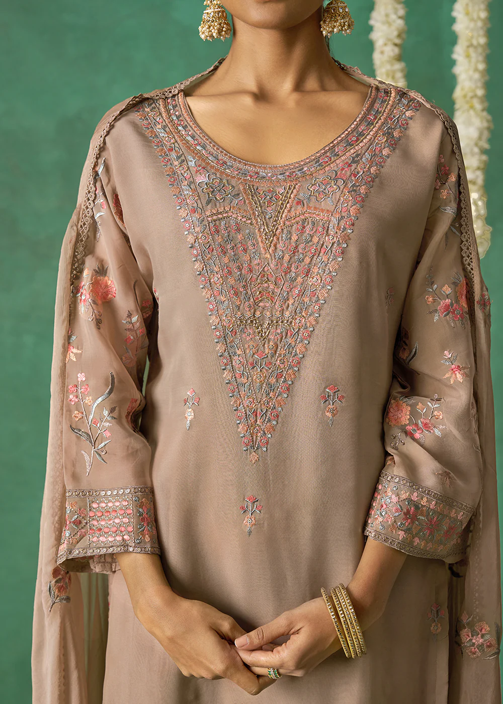 Pure Organza Beige Finest Embroidered Pant Style Salwer Suit - Image 6