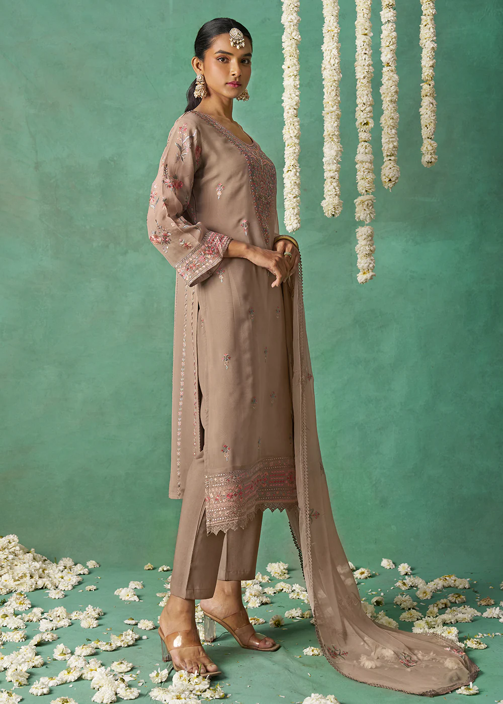 Pure Organza Beige Finest Embroidered Pant Style Salwer Suit - Image 8