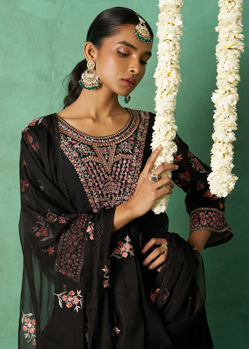 Pure Organza Black Finest Embroidered Pant Style Salwer Suit - Image 2