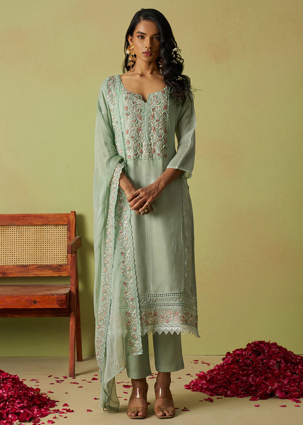 Pure Organza Embroidered Green Wedding Festive Dress