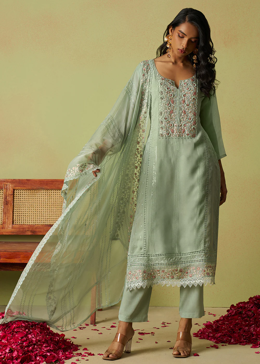 Pure Organza Embroidered Green Wedding Festive Dress - Image 4