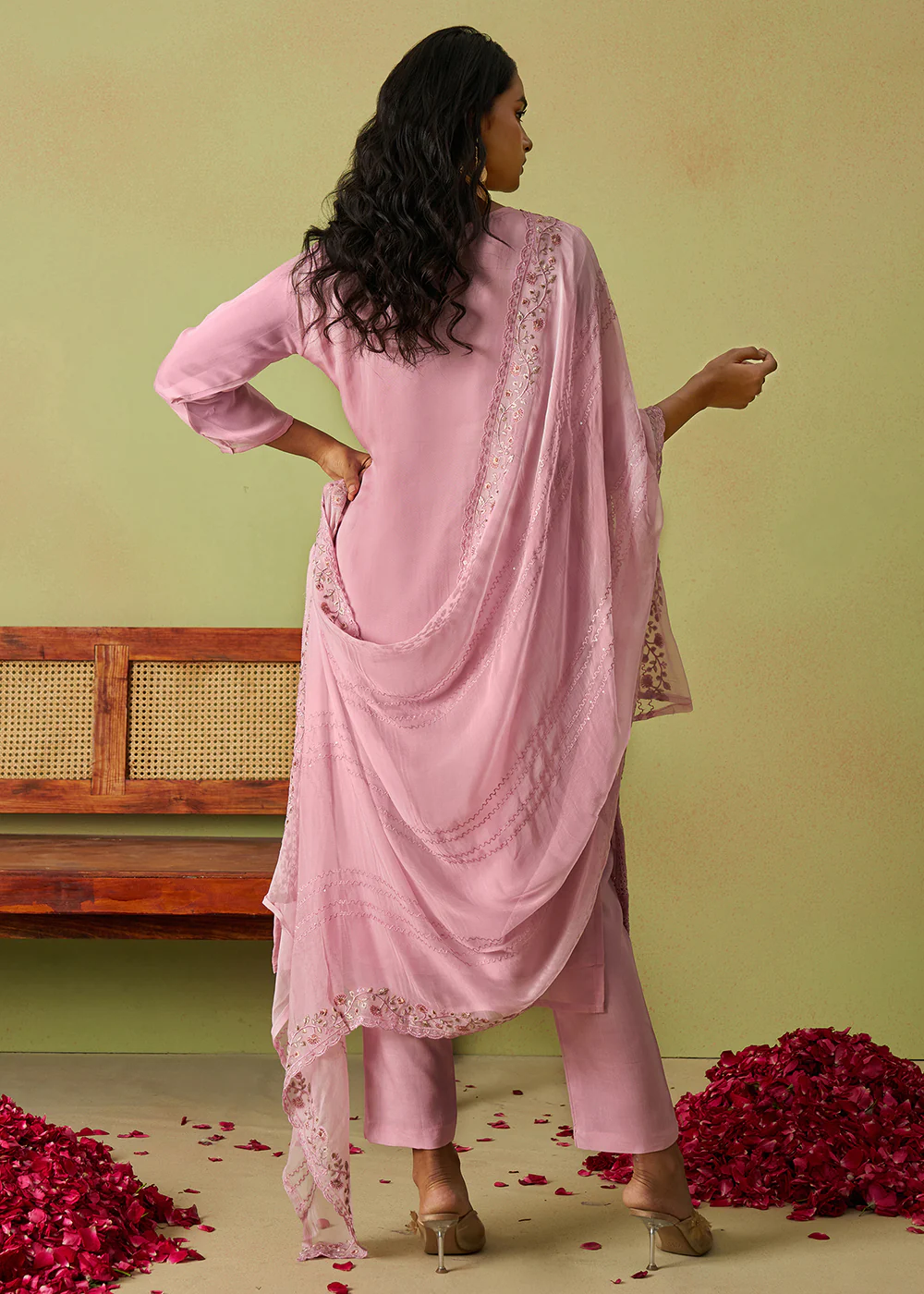 Pure Organza Embroidered Pink Wedding Festive Dress - Image 3