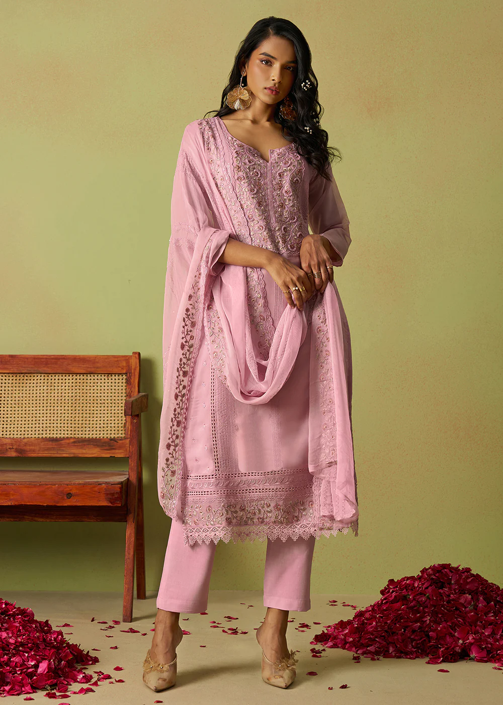 Pure Organza Embroidered Pink Wedding Festive Dress - Image 4