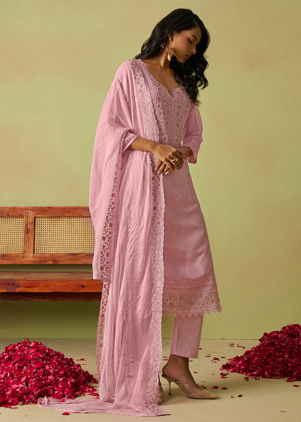 Pure Organza Embroidered Pink Wedding Festive Dress - Image 7