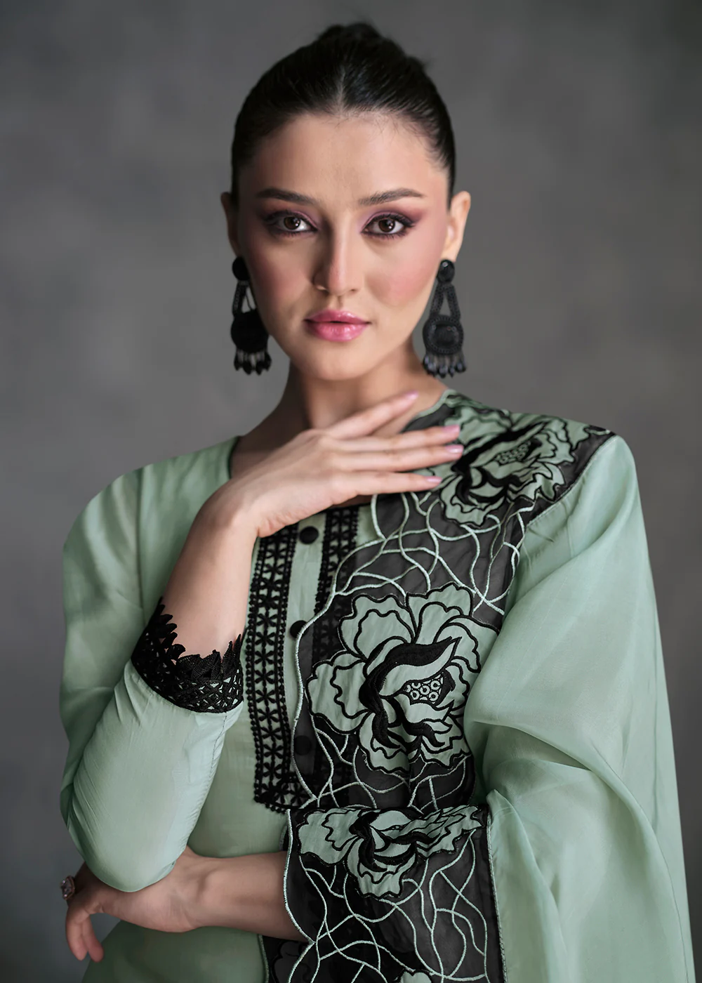 Pure Organza Green Designer Pant Style Suit - Image 2