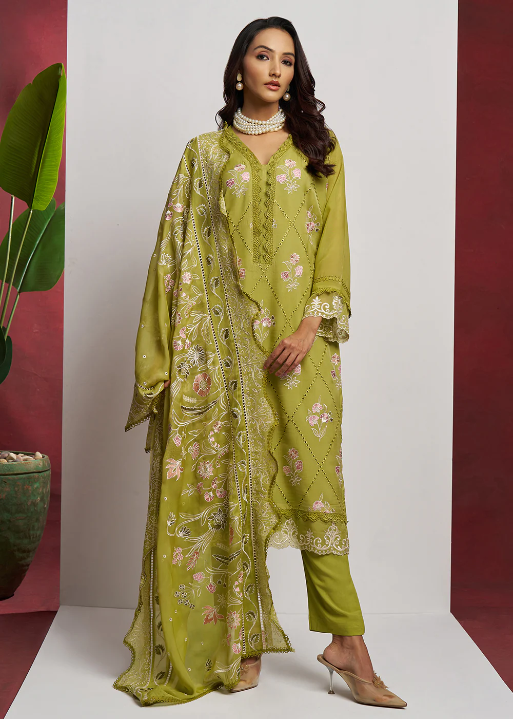 Pure Organza Green Embroidered Eid Festive Salwar Suit