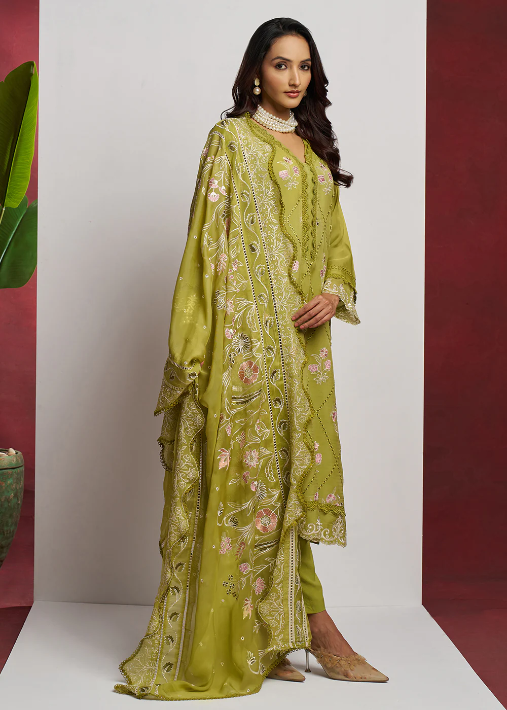 Pure Organza Green Embroidered Eid Festive Salwar Suit - Image 6