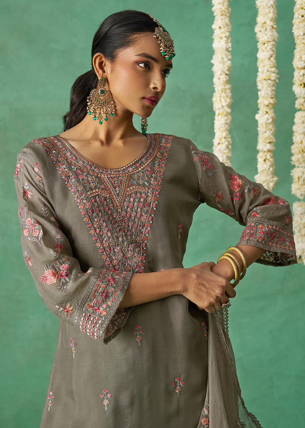 Pure Organza Grey Finest Embroidered Pant Style Salwer Suit - Image 2
