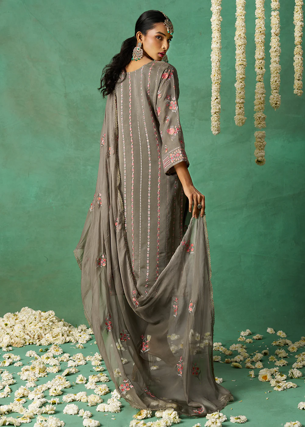 Pure Organza Grey Finest Embroidered Pant Style Salwer Suit - Image 3