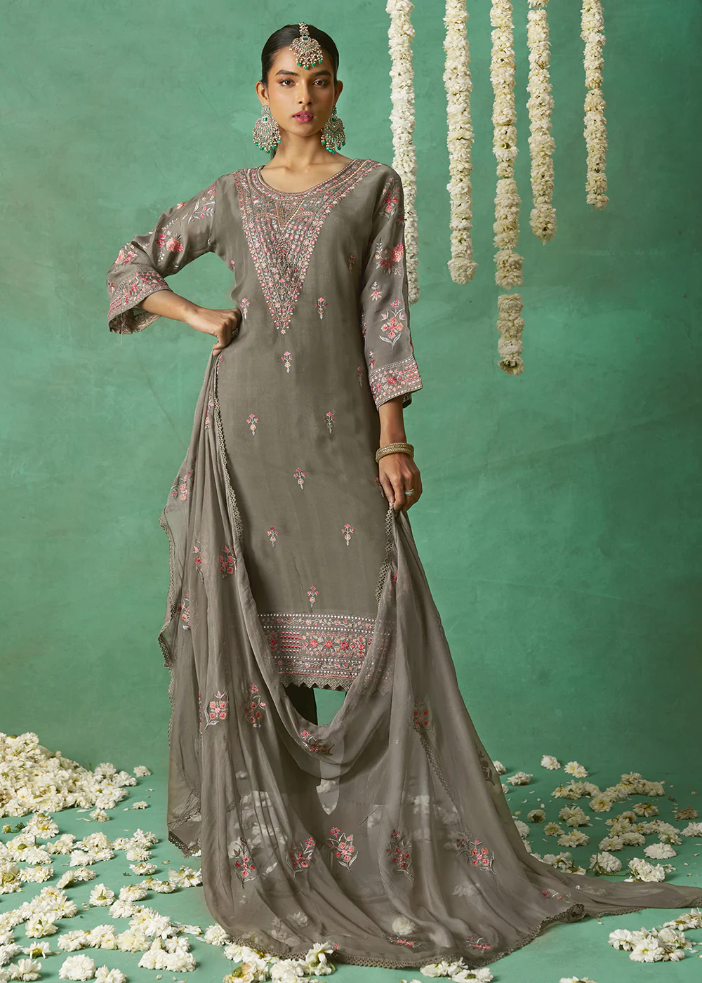 Pure Organza Grey Finest Embroidered Pant Style Salwer Suit - Image 4