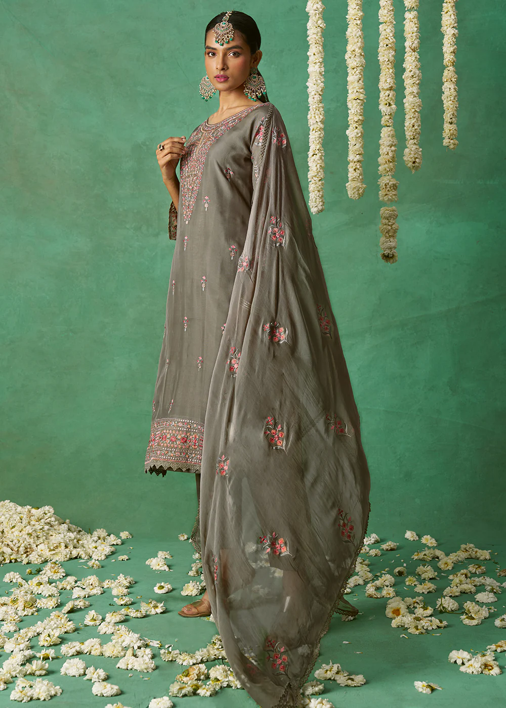 Pure Organza Grey Finest Embroidered Pant Style Salwer Suit - Image 5
