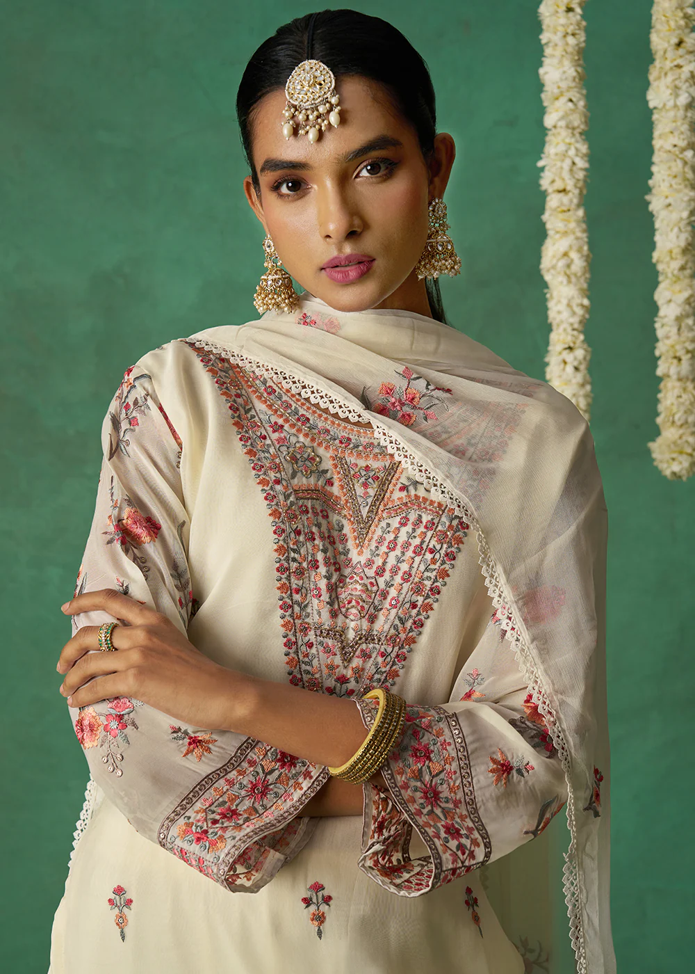 Pure Organza Off White Finest Embroidered Pant Style Salwer Suit - Image 2